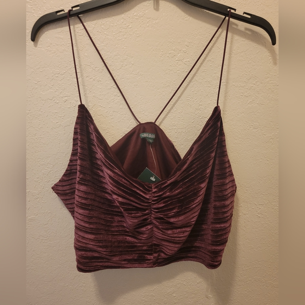 wild fable Ruched Velvet Spaghetti Strap Crop Top - Plum